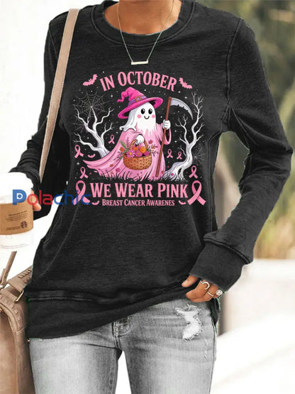 Femmes En Octobre Nous Portons Rose Halloween Rose Ghost Sensibilisation au Cancer du Sein Sweatshirt Noir / S
