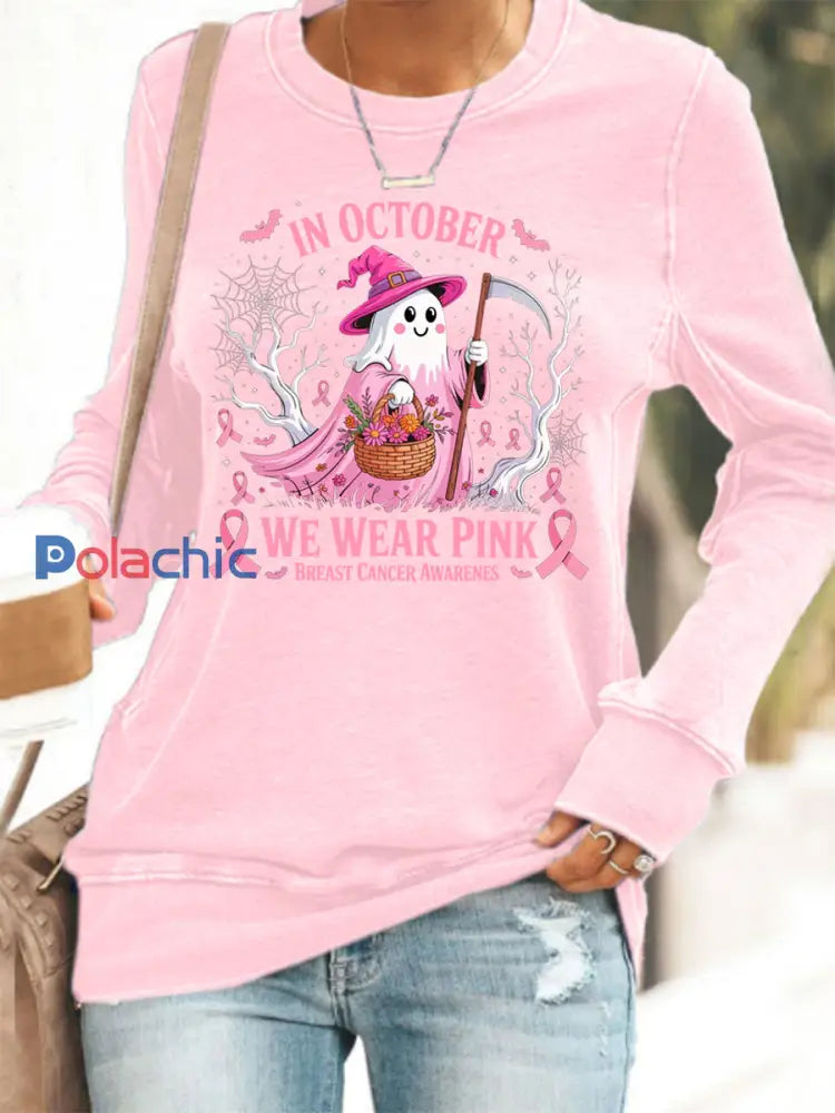 Femmes En Octobre Nous Portons Rose Halloween Rose Ghost Sensibilisation au Cancer du Sein Sweatshirt Rose / S