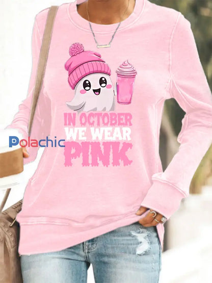 Femmes En Octobre Nous Portons Rose Halloween Rose Ghost Sensibilisation au Cancer du Sein Sweatshirt Rose / S