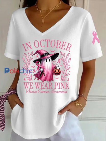 Femmes En Octobre Nous Portons Rose Sensibilisation au Cancer du Sein Halloween Rose Fantôme Imprimer V-Neck Tee blanc