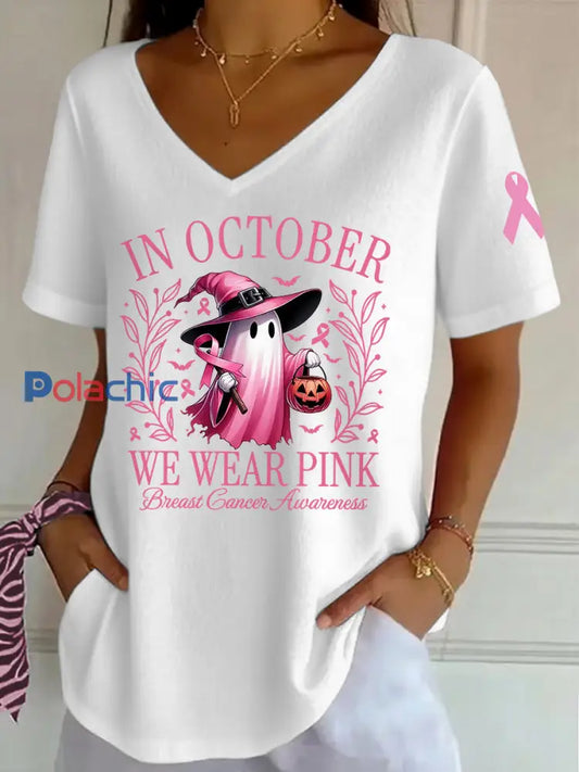 Femmes En Octobre Nous Portons Rose Sensibilisation au Cancer du Sein Halloween Rose Fantôme Imprimer V-Neck Tee blanc