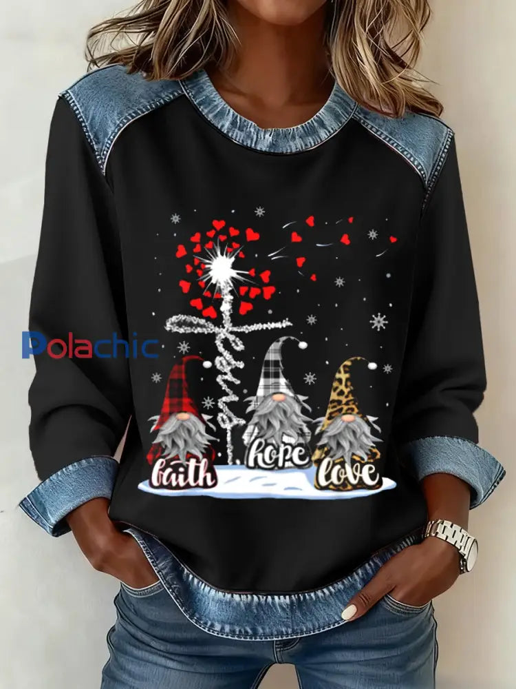 Femmes Faith Rope love Denim Patchwork Top Noir / S