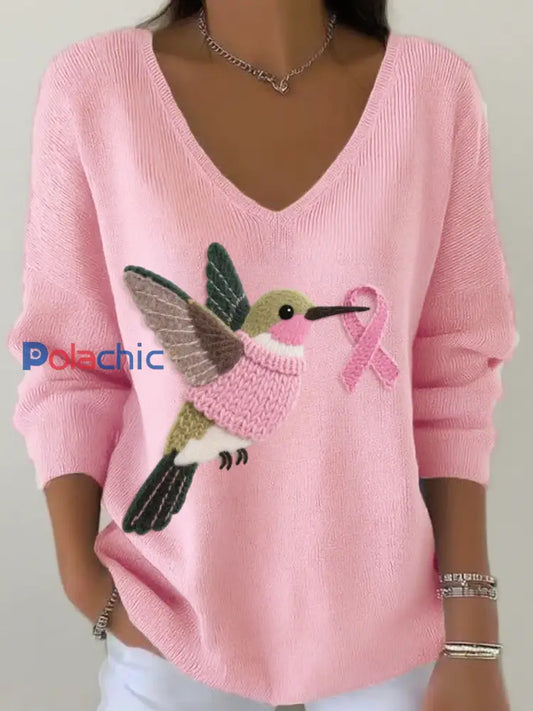 Femmes Feutre Art Colibri Motif Col V Côtelé Haut Rose / S