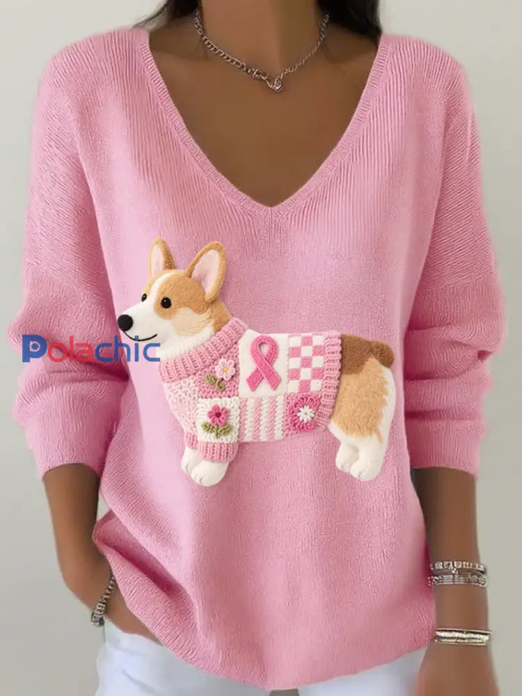 Femmes Feutre Art Corgi Motif V-Neck Haut côtelé Rose / S