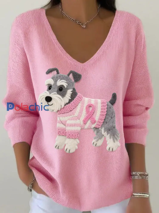 Femmes Feutre Art Schnauzer Motif V Neck Haut côtelé Rose / S