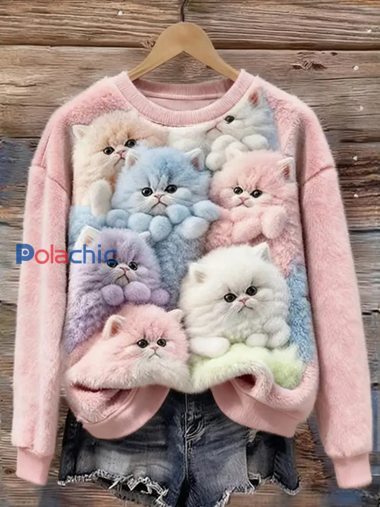 Femmes Flanelle Belle Coloré Fluffy Fuzzy Chats Cozy en peluche Sweat à capuche Rose / S
