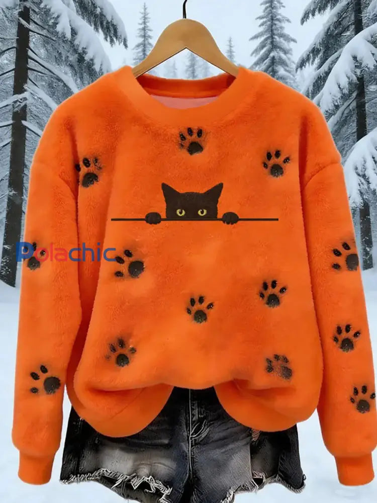 Femmes Flannel Cat Paws Imprimer Sweatshirt Orange / S