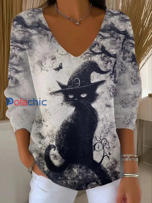 Femmes Halloween Sorcière Chat Art V-Neck Haut côtelé comme image / S