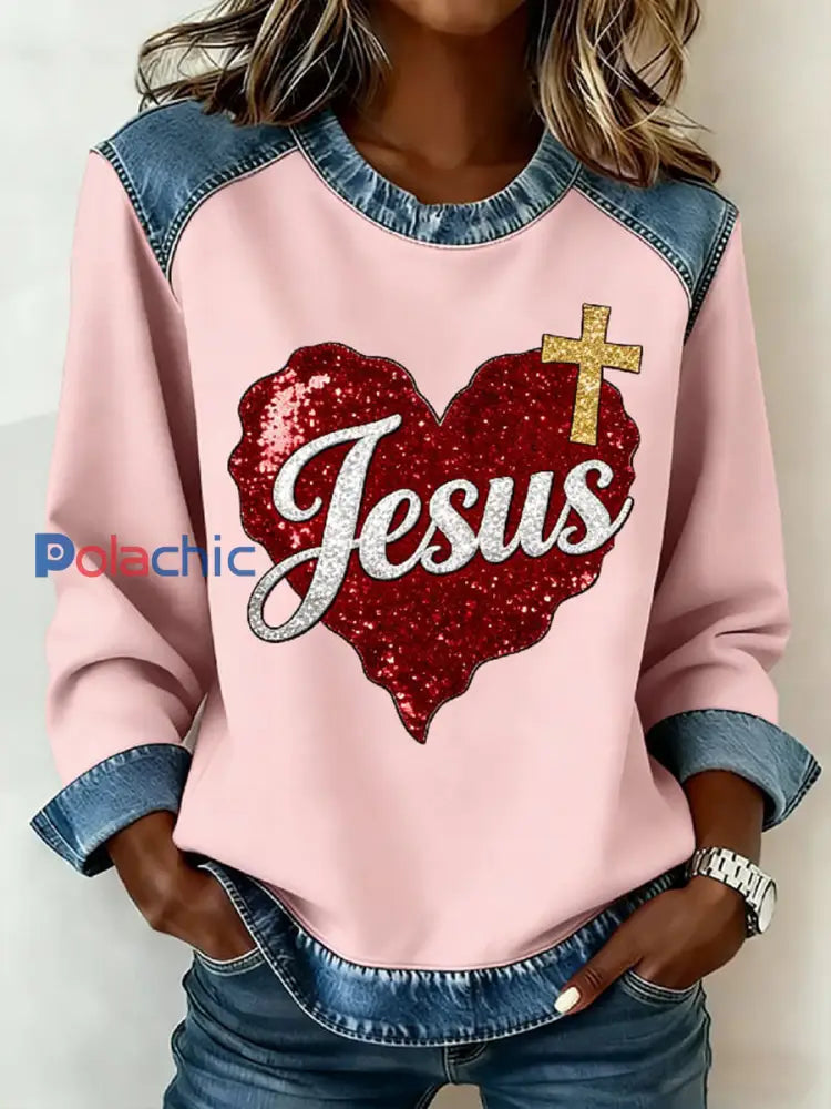 Femmes Jésus Coeur Imprimer Denim Patchwork Haut Rose / S