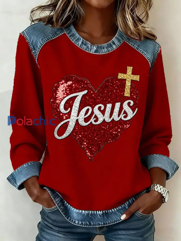 Femmes Jésus Coeur Imprimer Denim Patchwork Haut Rouge / S