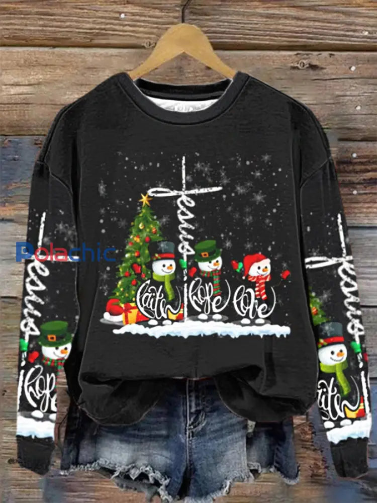 Femmes Jésus foi espoir amour bonhomme de neige drôle Noël pour Christian régulière Sweatshirt Noir / S