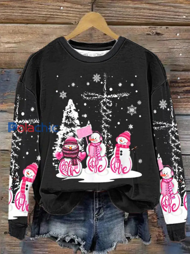 Femmes Jésus foi espoir amour bonhomme de neige joyeux Noël Christian Sweatshirt régulier Noir / S