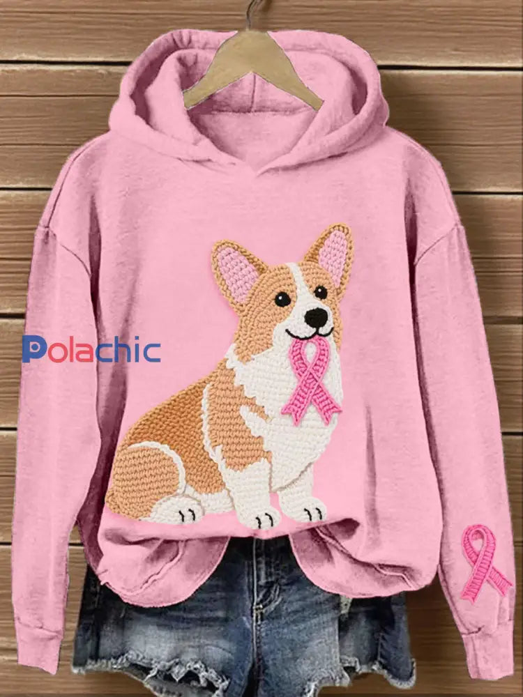 Femmes Lovely Corgi Crochet Motif Hoodie Rose / S