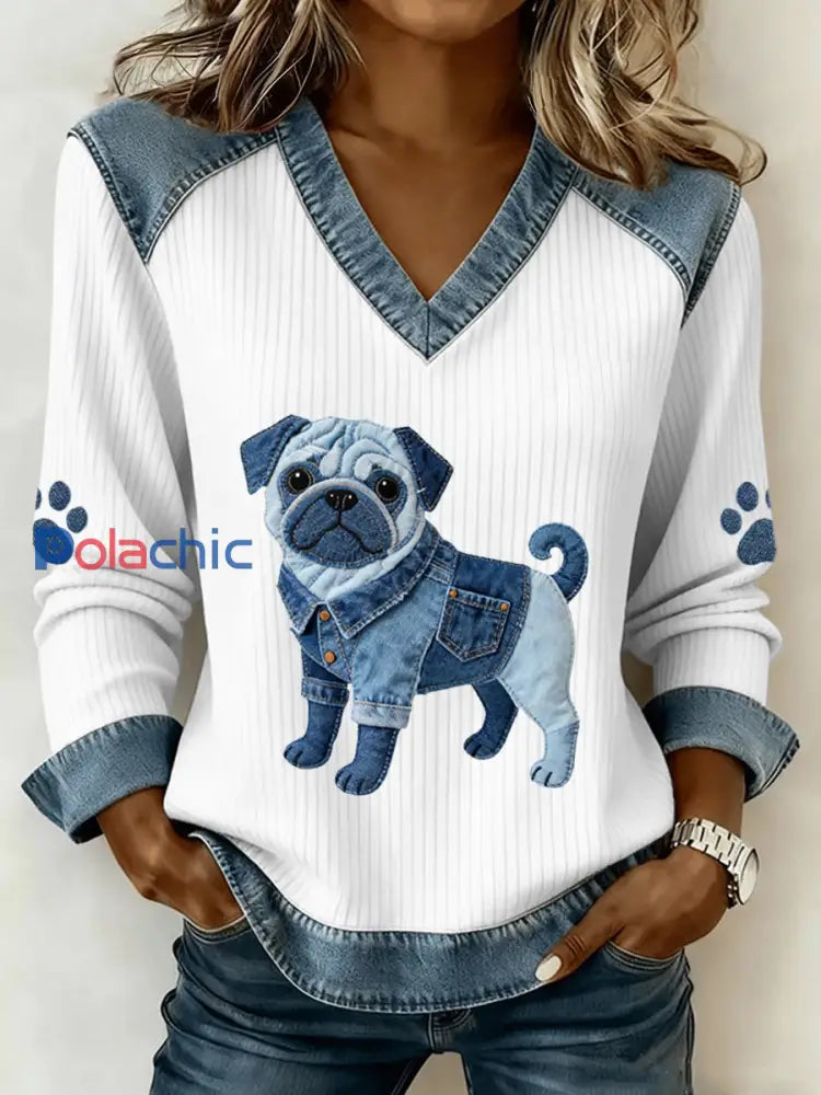 Femmes Lovely Pug Dog Pattern Denim Patchwork V-Neck Top comme image / S