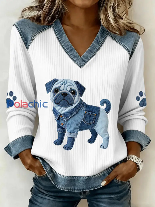 Femmes Lovely Pug Dog Pattern Denim Patchwork V-Neck Top comme image / S