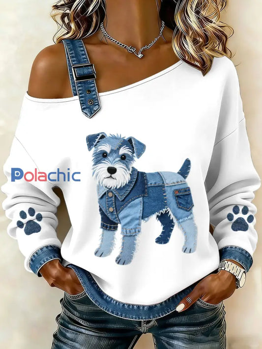 Femmes Lovely Schnauzer Dog Pattern Denim Patchwork Top Blanc / S