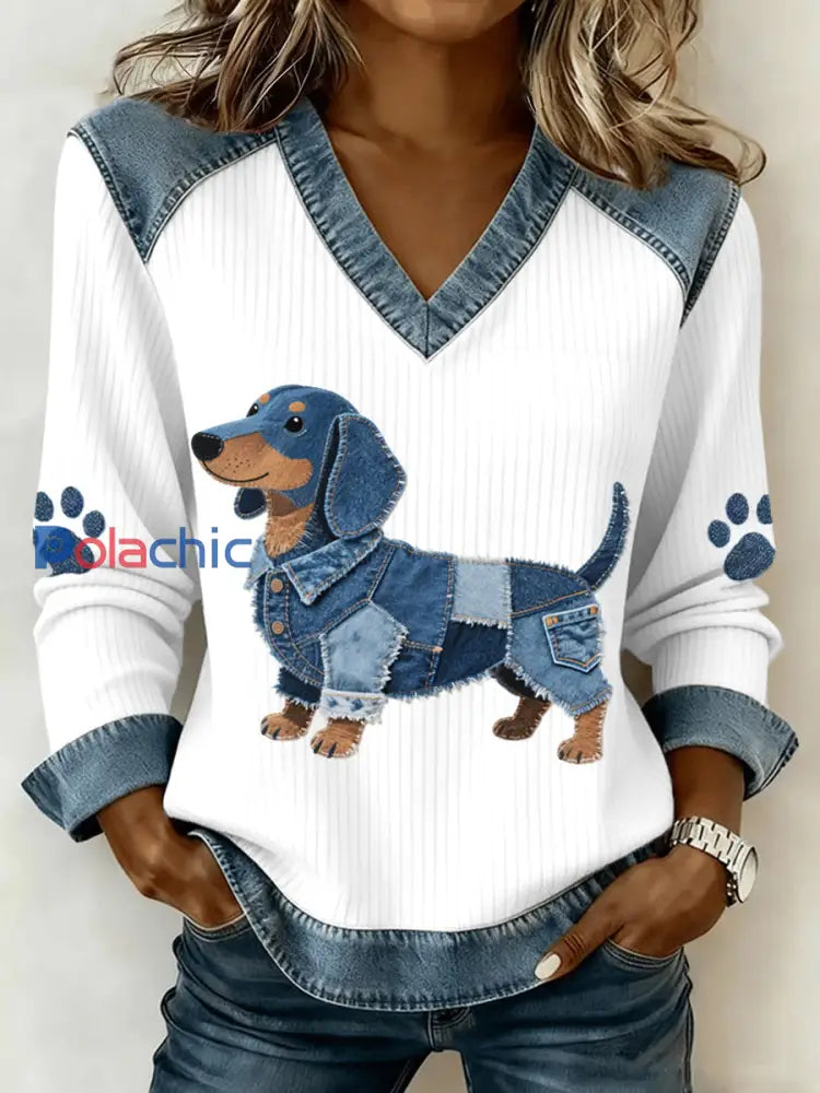 Femmes Lovely Teckel Motif Denim Patchwork V-Neck Top Blanc / S