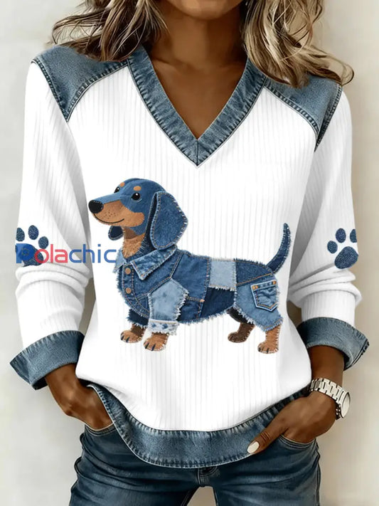 Femmes Lovely Teckel Motif Denim Patchwork V-Neck Top Blanc / S