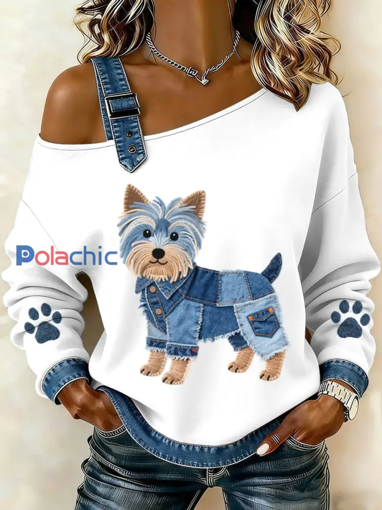 Femmes Lovely Yorkshire Terrier Motif Denim Patchwork Haut Blanc / S