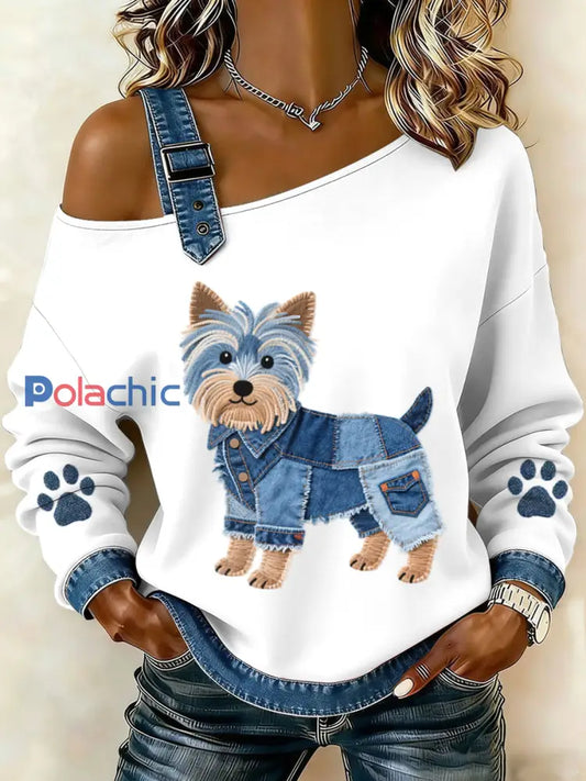 Femmes Lovely Yorkshire Terrier Motif Denim Patchwork Haut Blanc / S