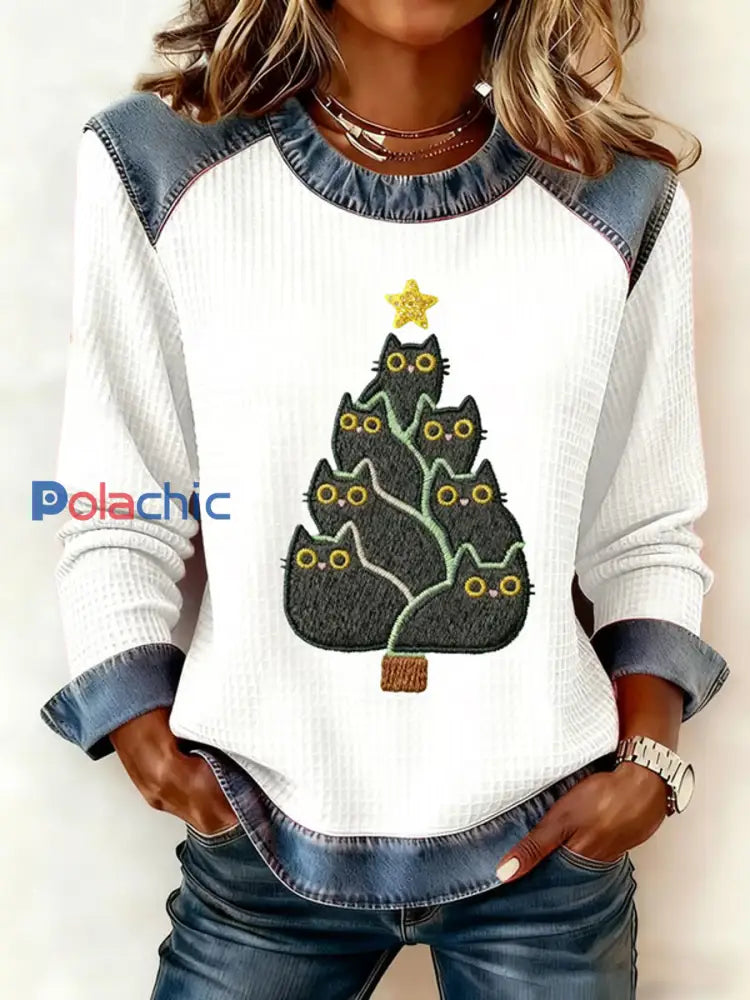 Femmes Mignon Chat Arbre De Noël Denim Patchwork Top blanc / S