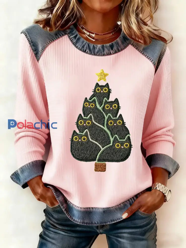 Femmes Mignon Chat Arbre De Noël Denim Patchwork Top rose / S