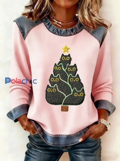 Femmes Mignon Chat Arbre De Noël Denim Patchwork Top rose / S