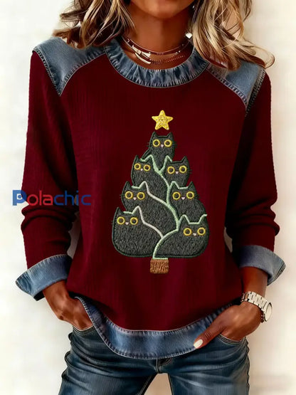Femmes Mignon Chat Arbre De Noël Denim Patchwork Top vin rouge / S