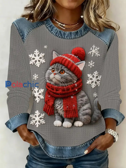 Femmes Mignon Chat De Noël Denim Patchwork Haut Gris / S