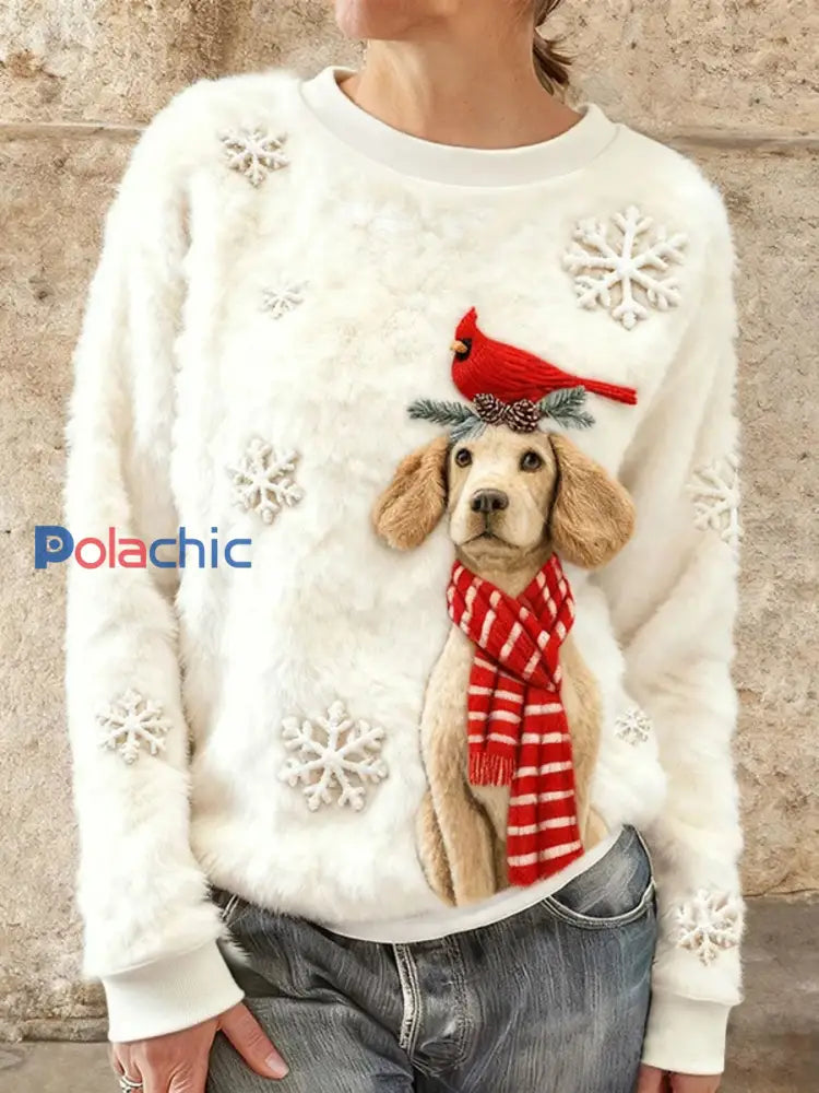 Femmes Mignon de Noël Golden Retriever & Bird Art Print Casual Flanelle Sweatshirt Blanc / S