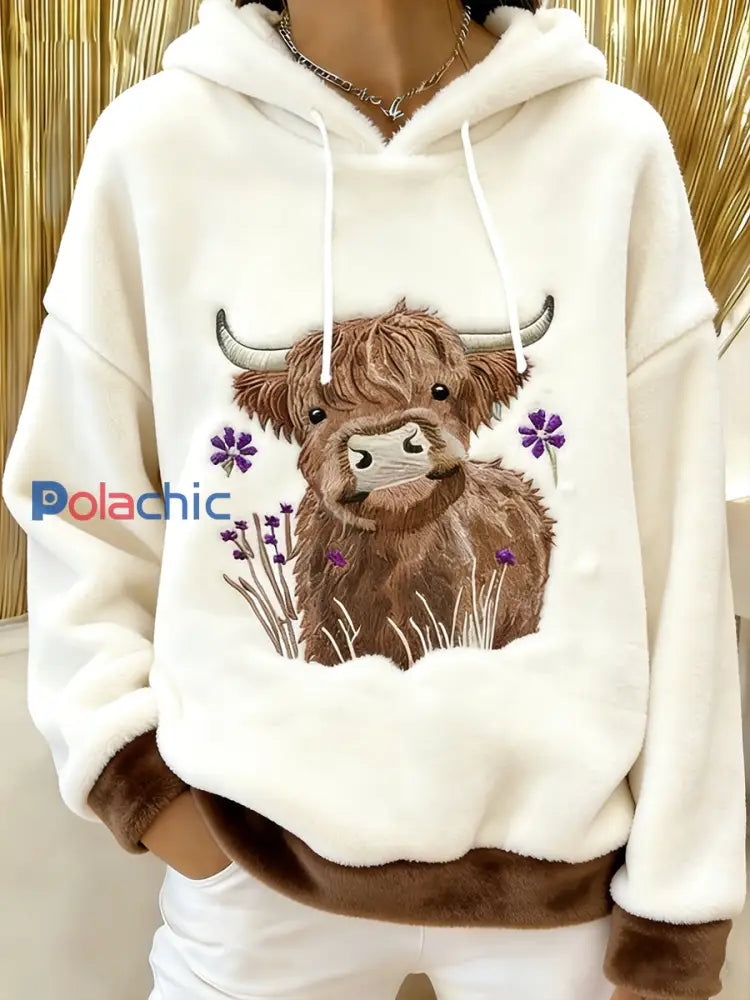 Femmes Mignon Hiver Highland Vache Flanelle Hoodie Blanc / S