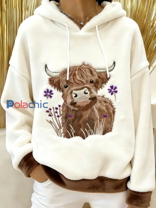 Femmes Mignon Hiver Highland Vache Flanelle Hoodie Blanc / S