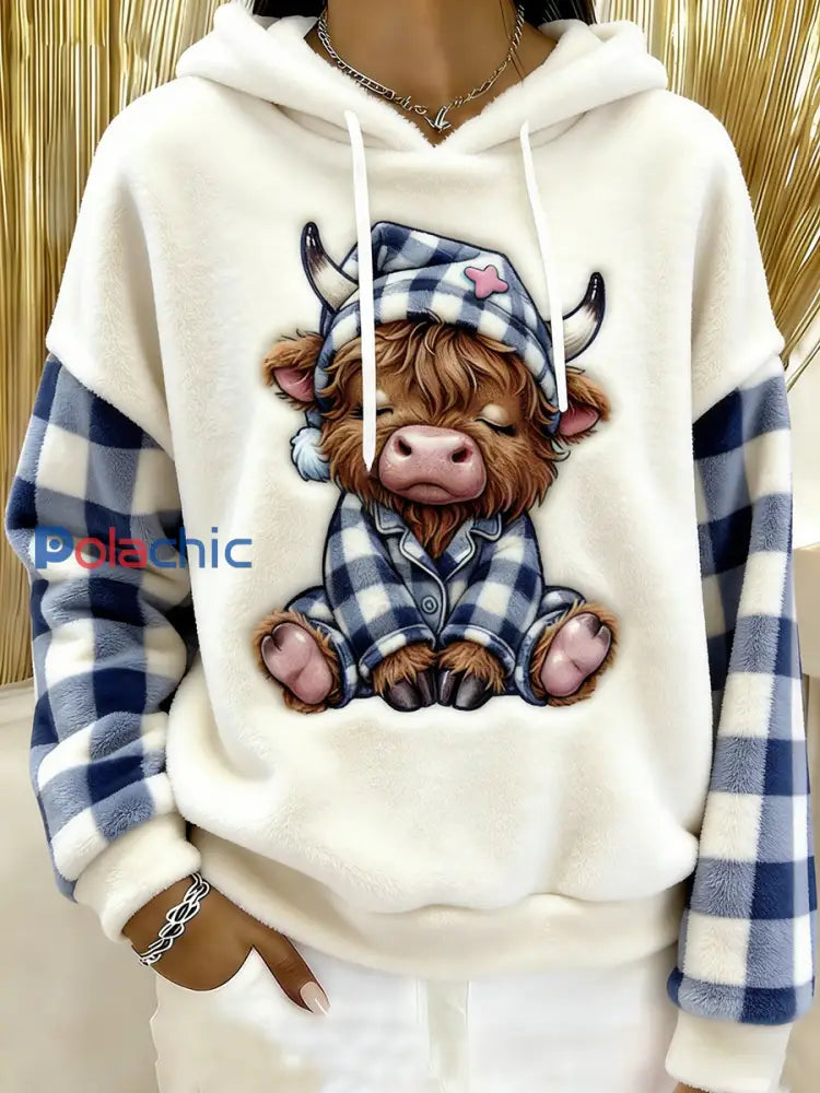 Femmes Mignon Hiver Highland Vache Flanelle Hoodie Blanc / S