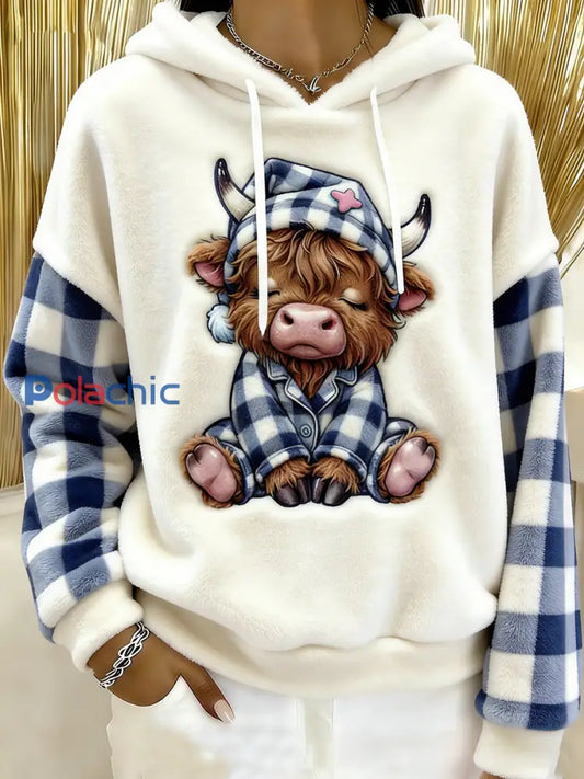 Femmes Mignon Hiver Highland Vache Flanelle Hoodie Blanc / S