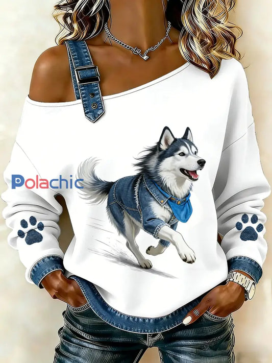 Femmes Mignon Imprimé Animal Denim Patchwork Haut Confortable A / S