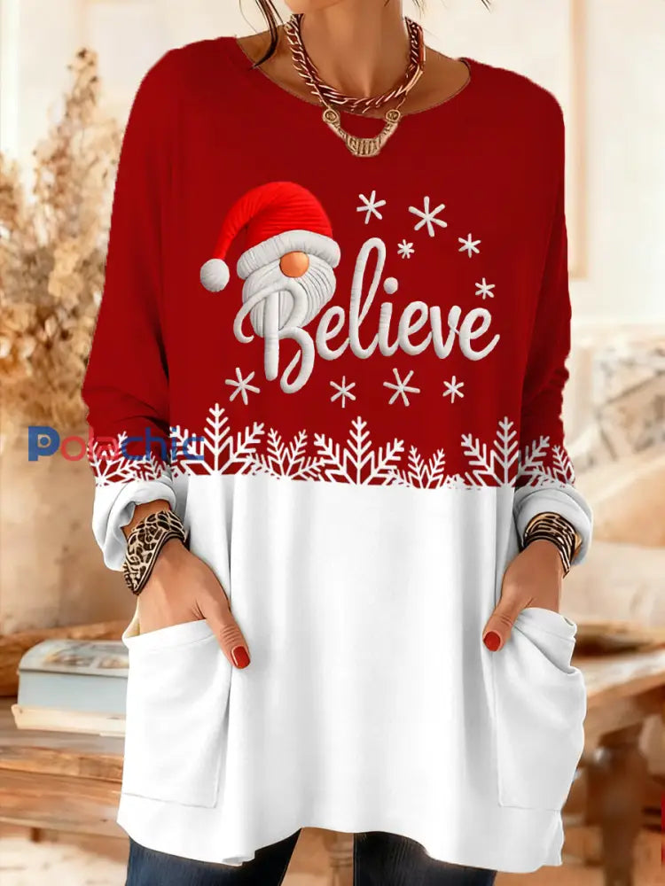 Femmes Noël Croire Flocon De Neige Imprimé Décontracté Mi-Longueur À Manches Longues T Top Rouge / S