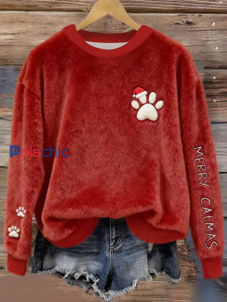 Femmes Noël mignon chien pattes flanelle Hoodie flanelle Hoodie Rouge / S