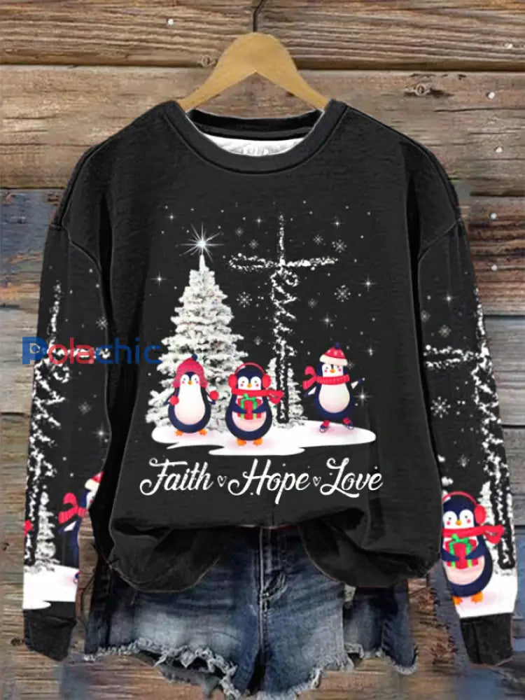 Femmes Ph joyeux Noël pingouin foi espoir amour Xmas TreeRegular Sweatshirt Noir / S