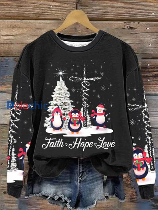 Femmes Ph joyeux Noël pingouin foi espoir amour Xmas TreeRegular Sweatshirt Noir / S