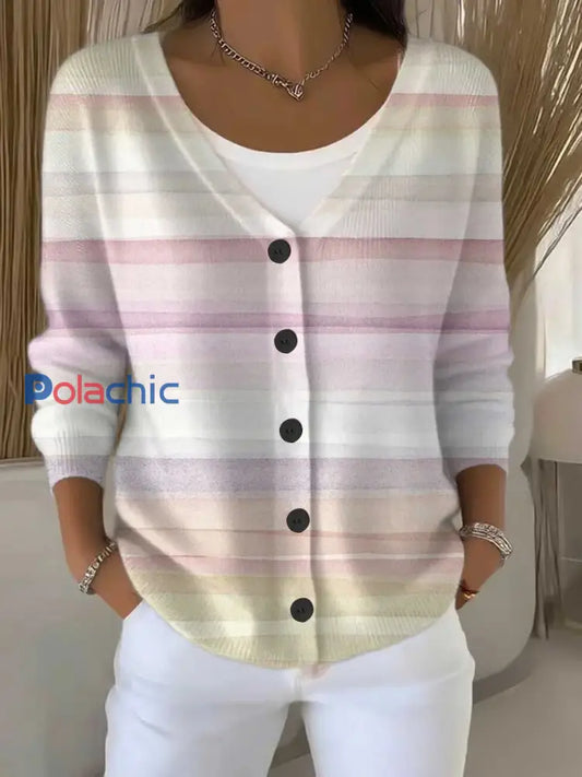Femmes Rayé Motif Cancer Du Sein Sensibilisation Imprimer Boutonné V cou Cardigan Pull comme image / S