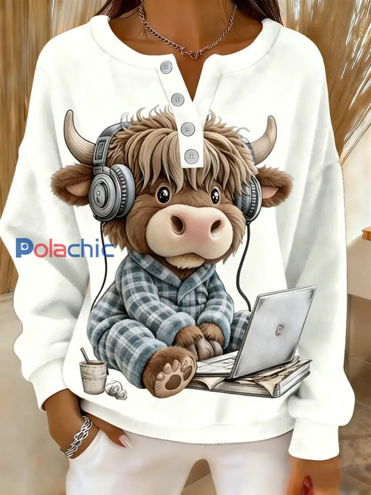 Femmes Rétro Casque De Noël Highland Vache Imprimer Confortable Flanelle Pull Blanc / S