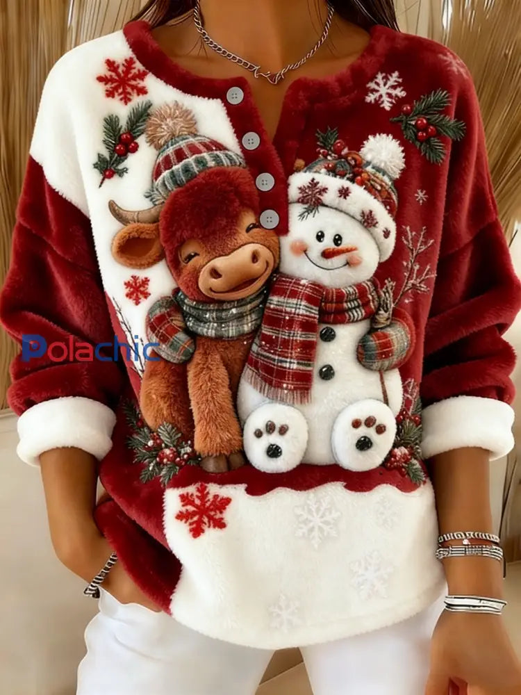 Femmes Rétro De Noël Flocon De Neige Highland Vache Bonhomme De Neige Color-Block Imprimer Confortable Flanelle Pull