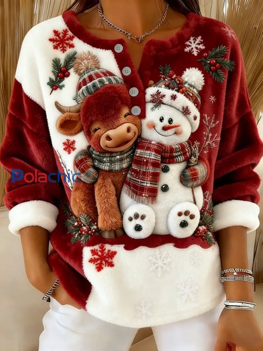 Femmes Rétro De Noël Flocon De Neige Highland Vache Bonhomme De Neige Color-Block Imprimer Confortable Flanelle Pull