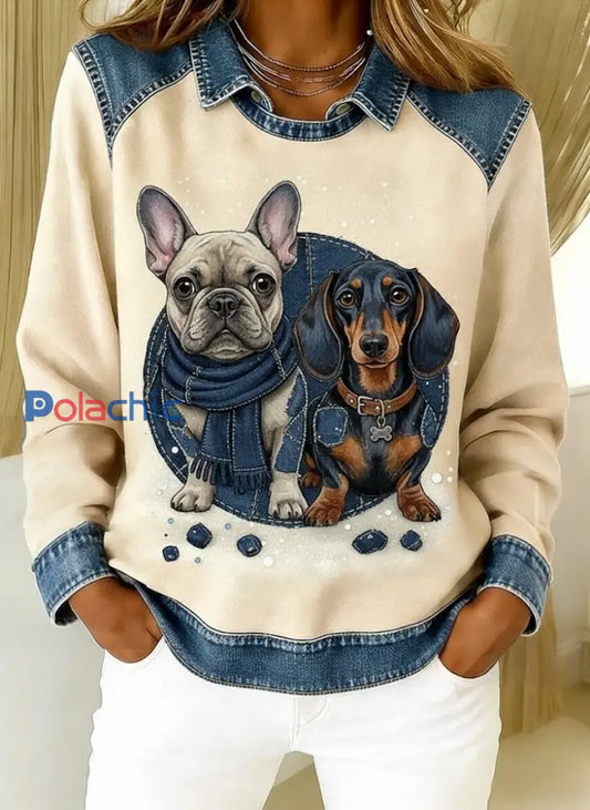 Femmes Rétro Mignon Bulldog & Teckel Denim Patchwork Top Beige / S