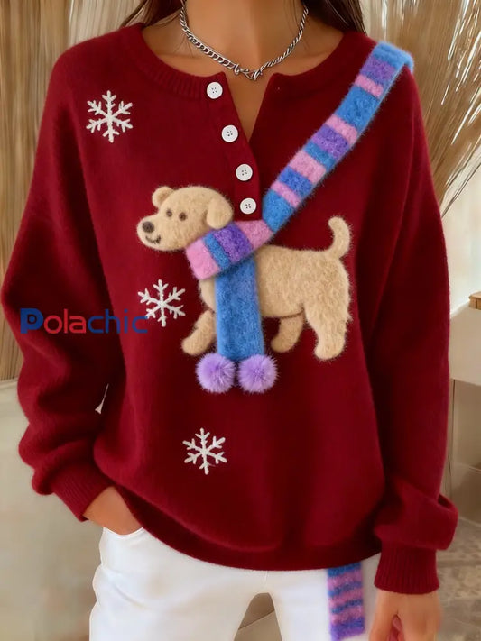 Femmes Rétro Mignon Fun Flocon De Neige Écharpe Chien Art Imprimer Boutonné Cardigan Pull Vin Rouge / S