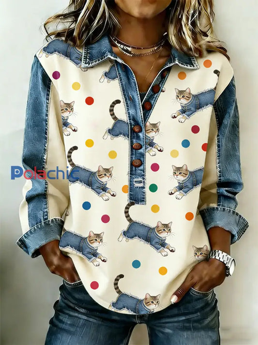 Femmes Rétro Mignon Multicolore Chats Denim Patchwork Haut Beige / S