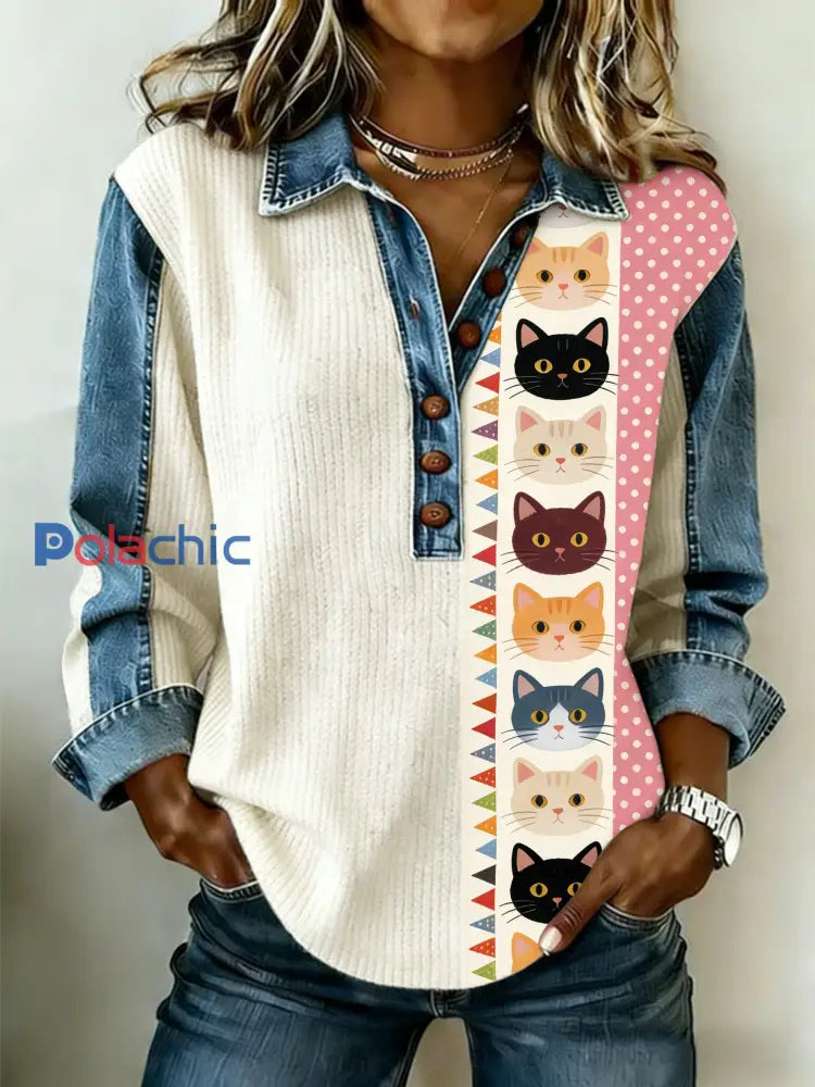 Femmes Rétro Mignon Multicolore Chats Denim Patchwork Haut Beige / S