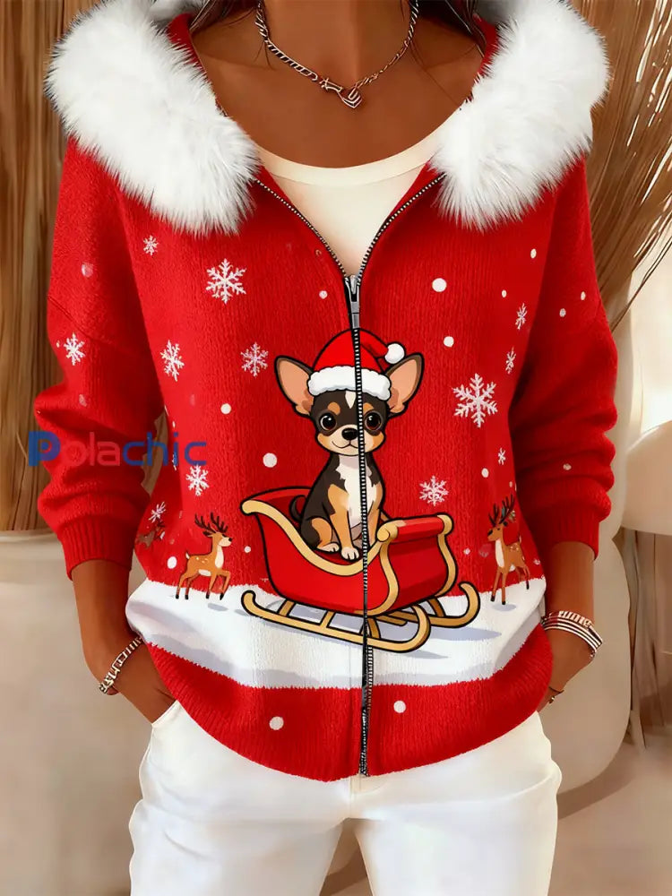 Femmes Rétro Noël Animal Art Confortable En Peluche Cardigan À Capuche A / S