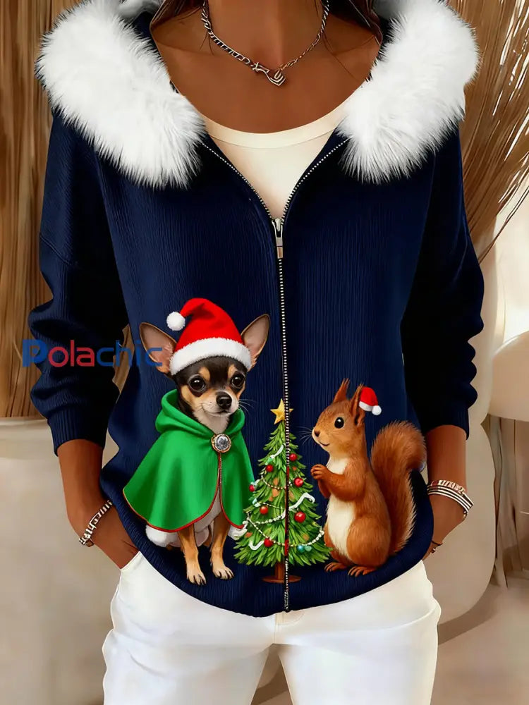 Femmes Rétro Noël Animal Art Confortable En Peluche Cardigan À Capuche A / S