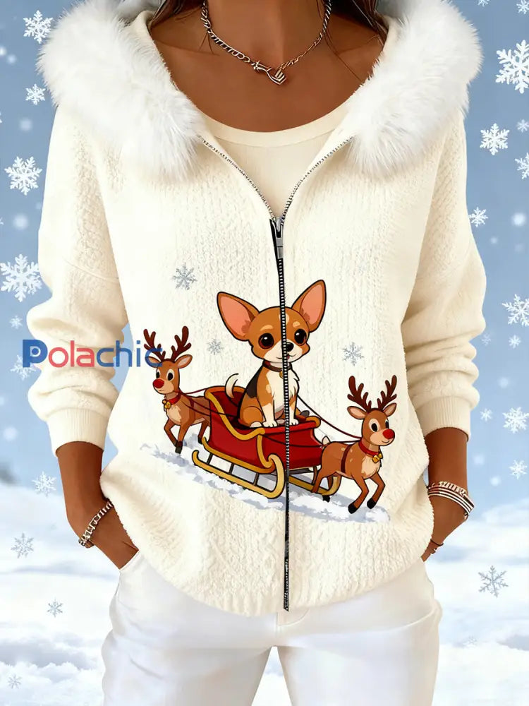 Femmes Rétro Noël Animal Art Confortable En Peluche Cardigan À Capuche A / S